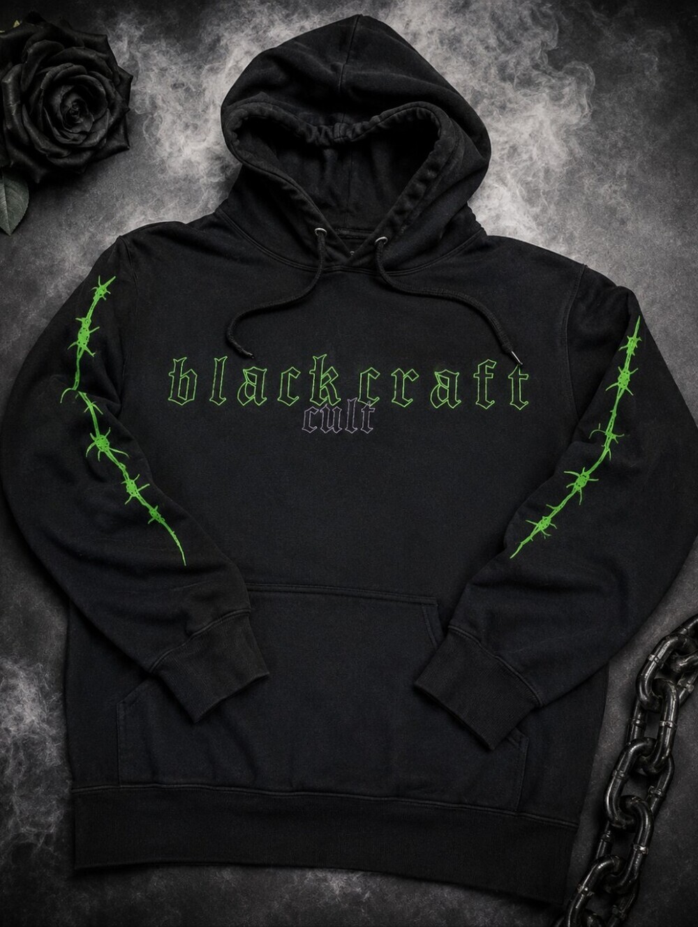 Blackcraft Cult Gothic Logo Hoodie M Black Green Graphic Pullover Unisex